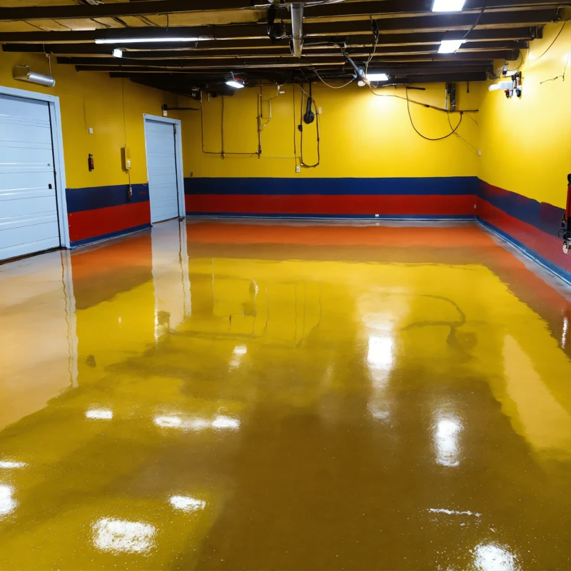Glossy yellow and orange self-leveling epoxy floor in a colorful garage.