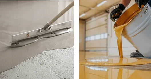 Hand spreading smooth white epoxy resin with a professional trowel.