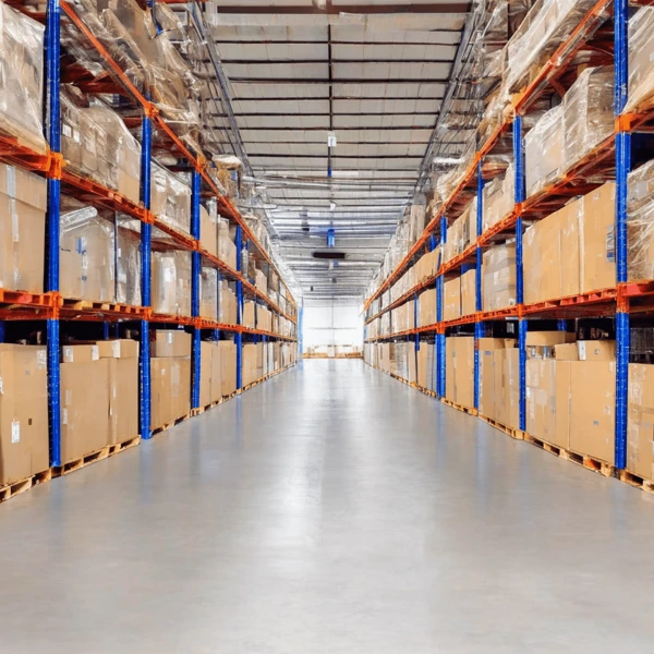 Industrial warehouse aisle with seamless gray epoxy flooring and tall pallet racks.