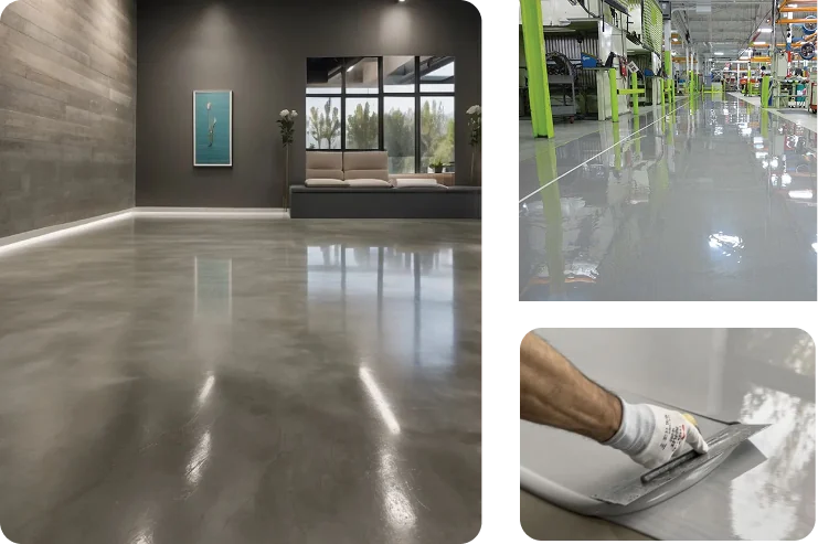 collage showing a high-gloss residential floor and industrial epoxy